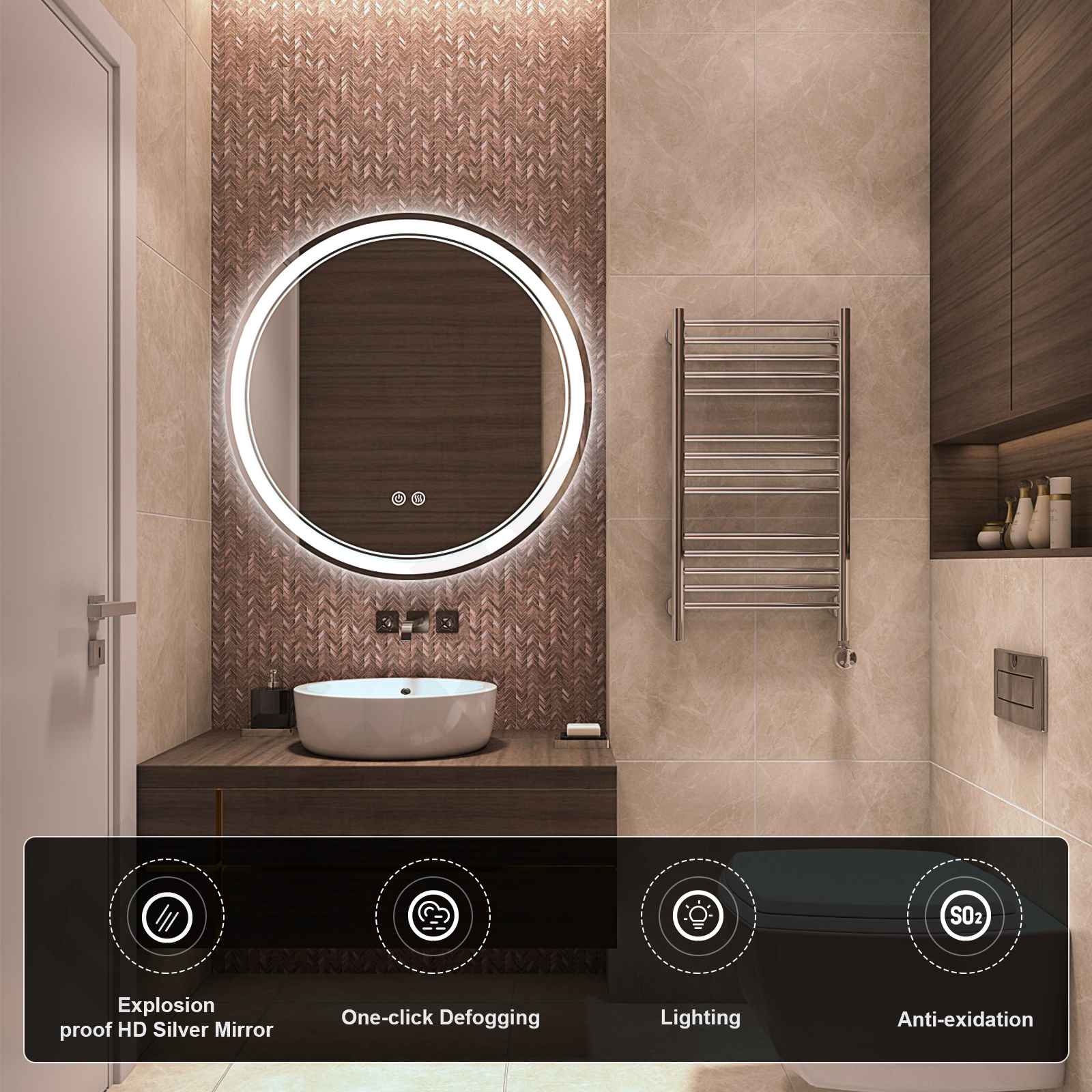 Offre spéciale lumière avant + miroir de salle de bain LED rond décoratif rétro-éclairé avec multi-fonctions