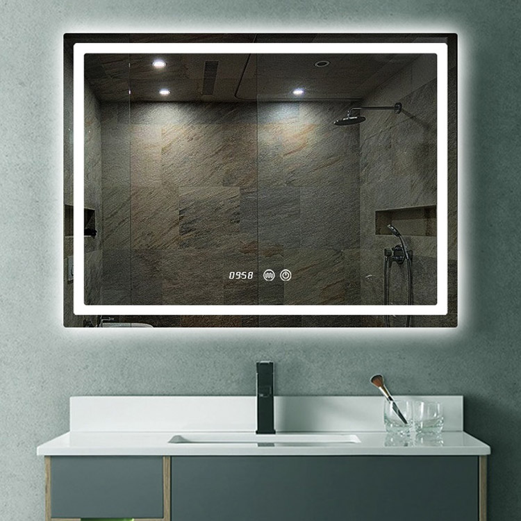 Miroir de bain éclairé par LED de désembuage de luxe d'hôtel avec affichage de l'heure