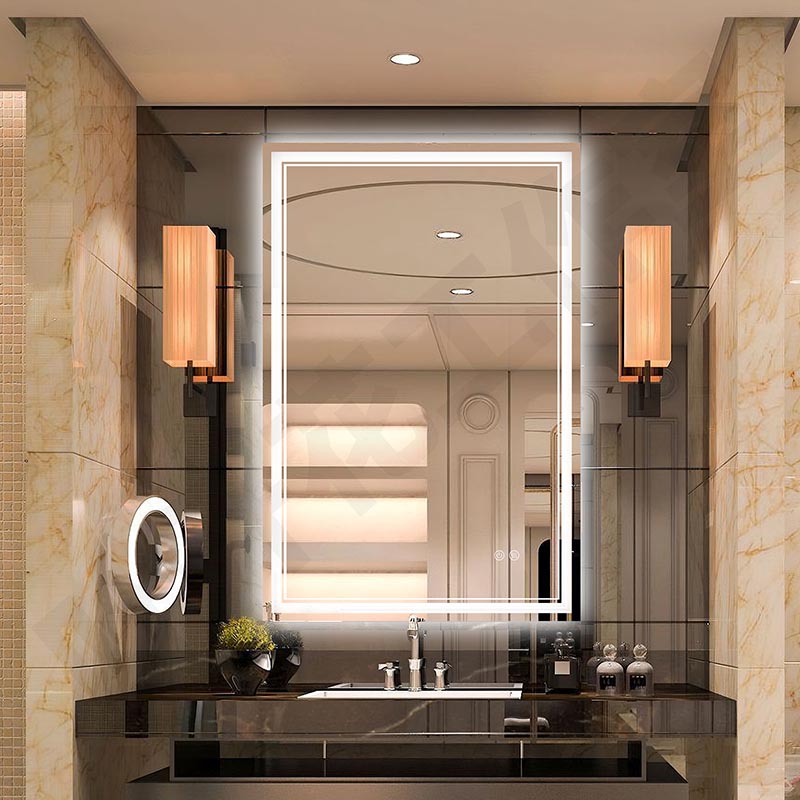 Miroir de salle de bain rectangulaire à LED avec rétro-éclairage et façade