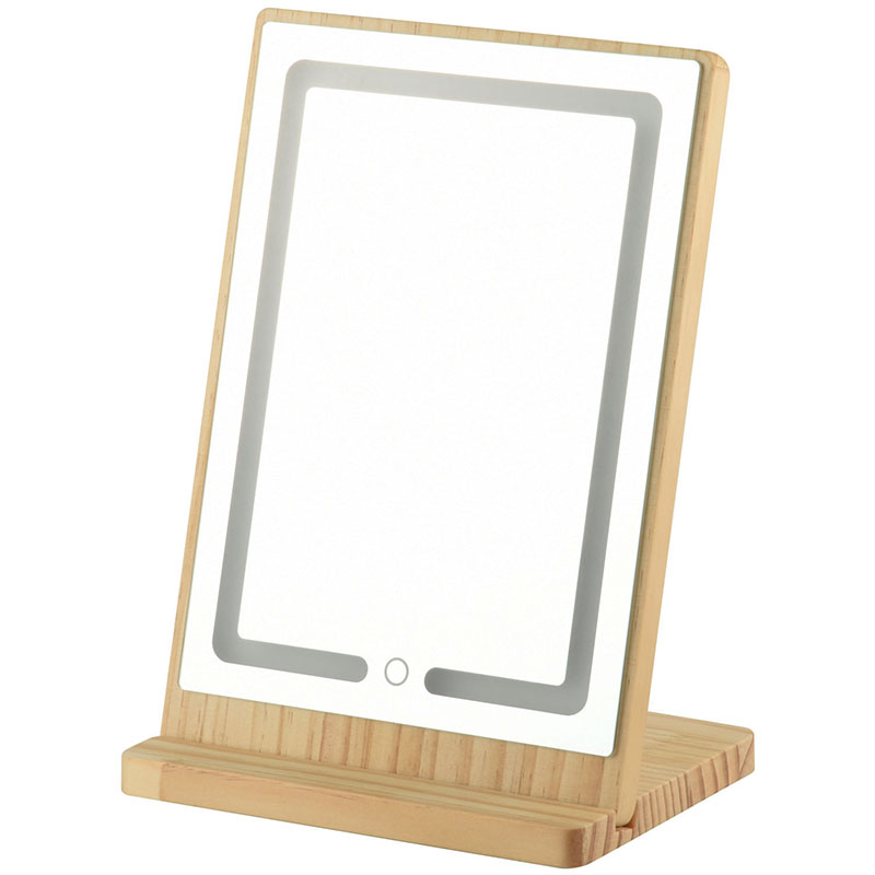 Miroir de maquillage rectangulaire à LED avec cadre en bois