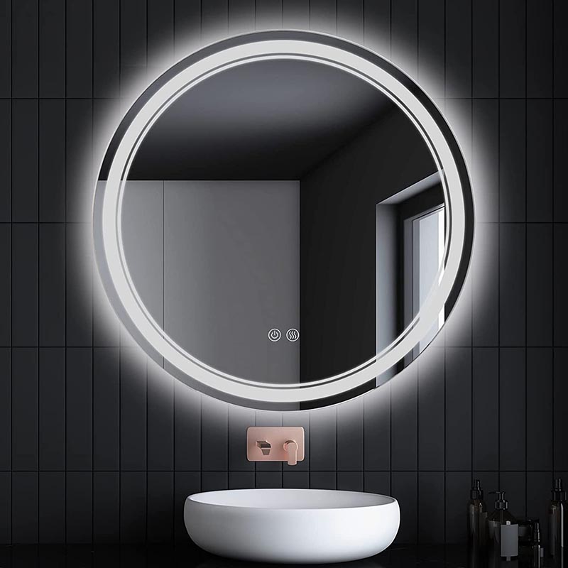 Miroir de salle de bain LED rond avec deux interrupteurs tactiles